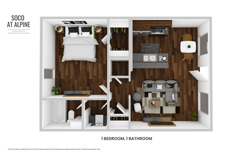 Floor plan for 1 bed, 1 bath, 605 sqft