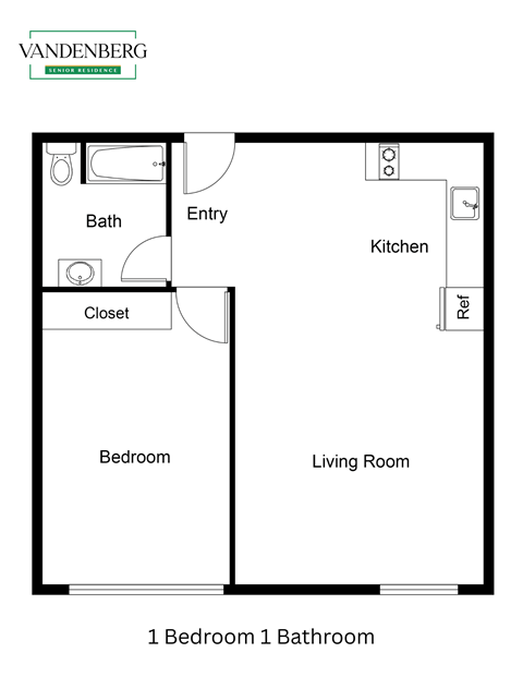 Floor plan for 1 bed, 1 bath, 462 sqft
