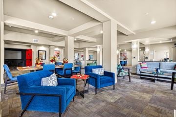 Lafayette apartment for rent - A living room with blue chairs and a grey couch.