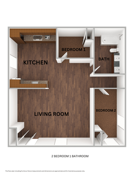 Floor plan for 2 beds, 2 baths, 866 sqft