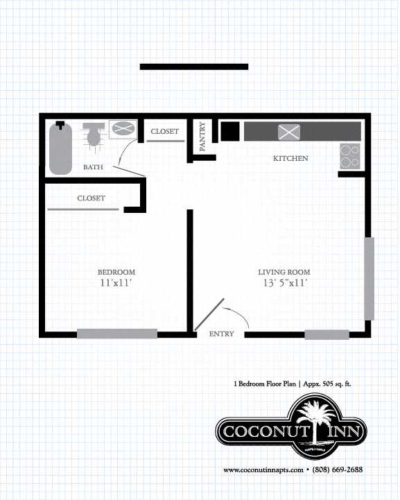 Floor plan for 1 bed, 1 bath, 500 sqft