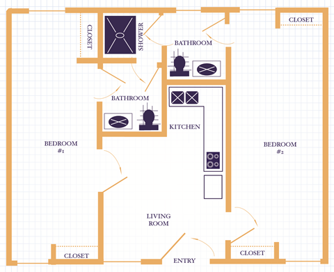 Floor plan for 2 beds, 1.5 baths, 750 sqft