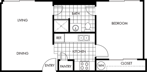 Floor plan for 1 bed, 1 bath, 490 sqft