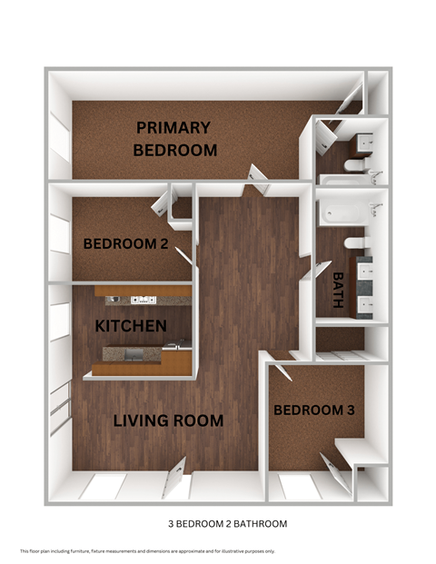 Floor plan for 3 beds, 2 baths, 1060 sqft