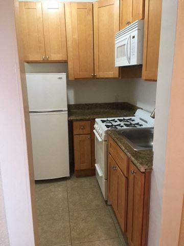 San Francisco apartment for rent - a kitchen with a white refrigerator and a sink
