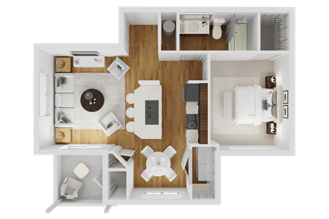 Floor plan for 1 bed, 1 bath, 729 sqft