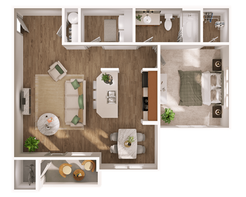 Floor plan for 1 bed, 1 bath, 740 sqft