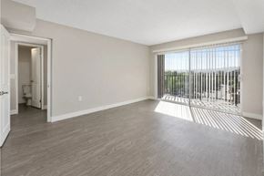 Van Nuys apartment for rent - an empty living room with a large window and wood flooring