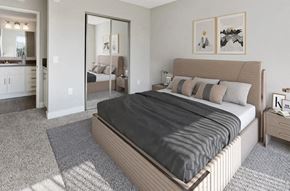 Van Nuys apartment for rent - a bedroom with a large bed and a mirror