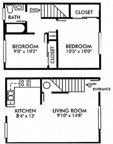 Floor plan for 2 beds, 1 bath, 837 sqft