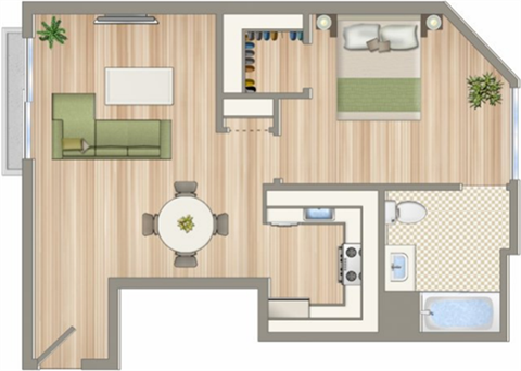 Floor plan for 1 bed, 1 bath, 618 sqft