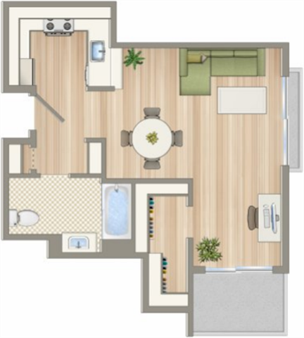 Floor plan for studio, 1 bath, 512 sqft