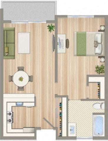Floor plan for 1 bed, 1 bath, 625 sqft