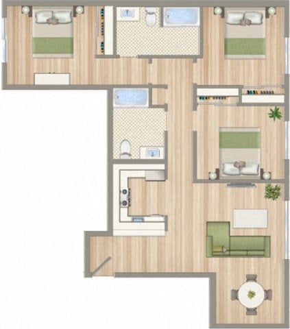 Floor plan for 3 beds, 2 baths, 1083 sqft
