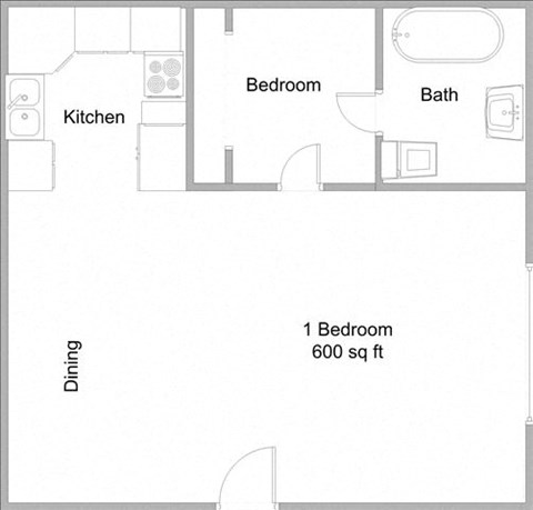Floor plan for 1 bed, 1 bath, 600 sqft