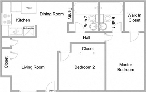 Floor plan for 2 beds, 2 baths, 900 sqft