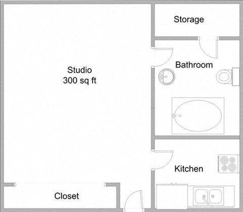 Floor plan for studio, 1 bath, 300 sqft
