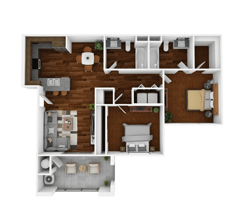 Floor plan for 2 beds, 2 baths, 940 sqft