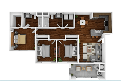 Floor plan for 3 beds, 2 baths, 1109 sqft