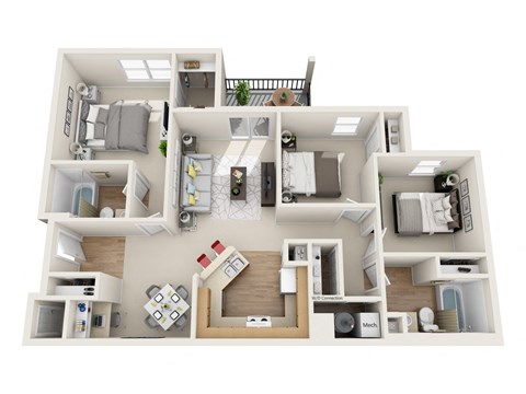 Floor plan for 3 beds, 2 baths, 1118 sqft