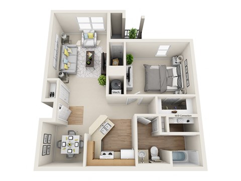 Floor plan for 1 bed, 1 bath, 748 sqft