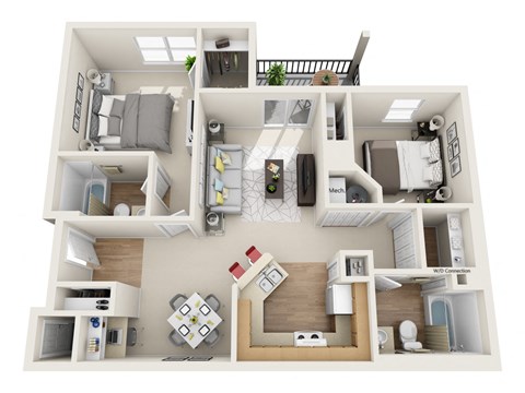 Floor plan for 2 beds, 2 baths, 978 sqft