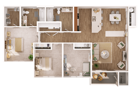 Floor plan for 3 beds, 2 baths, 1036 sqft
