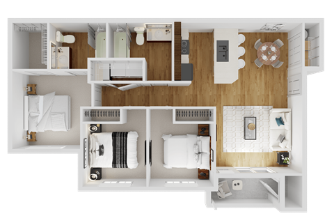 Floor plan for 3 beds, 2 baths, 1036 sqft