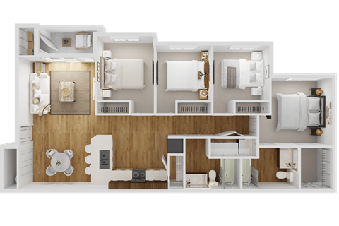 Floor plan for 4 beds, 2 baths, 1308 sqft