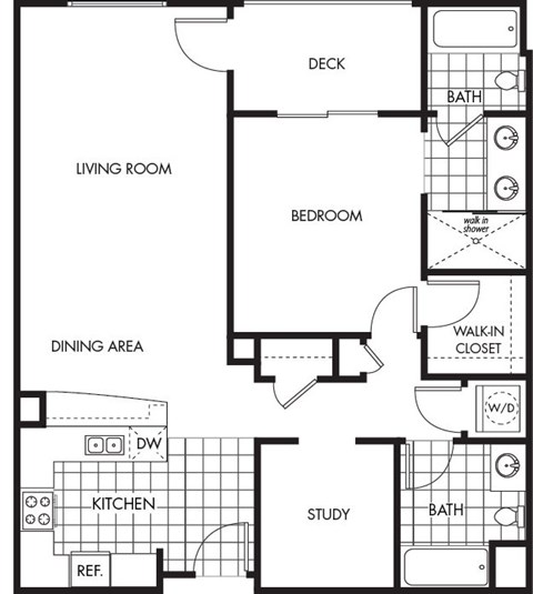 Floor plan for 1 bed, 2 baths, 950 sqft