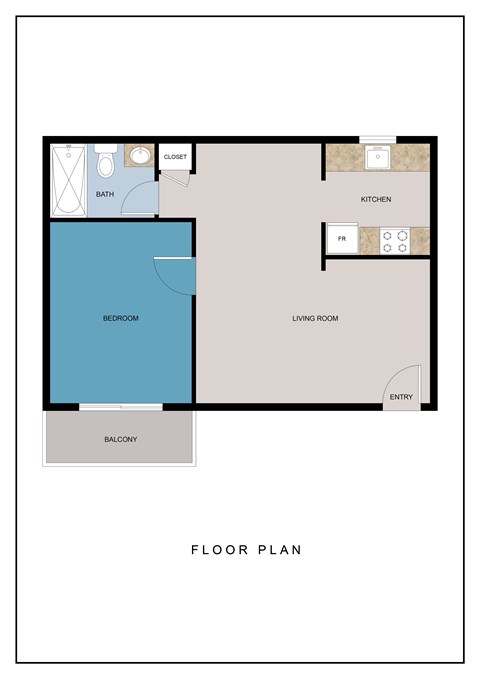 Floor plan for 1 bed, 1 bath, 570 sqft