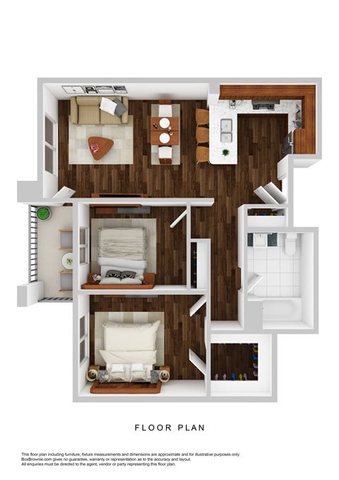 Floor plan for 2 beds, 1 bath, 804 sqft