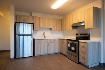 Honolulu apartment for rent - a kitchen with wooden cabinets and a stainless steel refrigerator