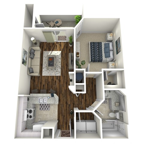 Floor plan for 1 bed, 1 bath, 658 sqft