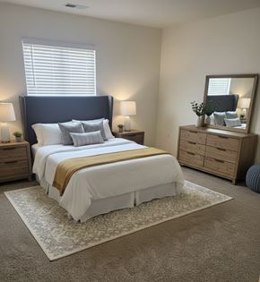 Mecca apartment for rent - A bedroom with a bed, nightstand, and dresser.
