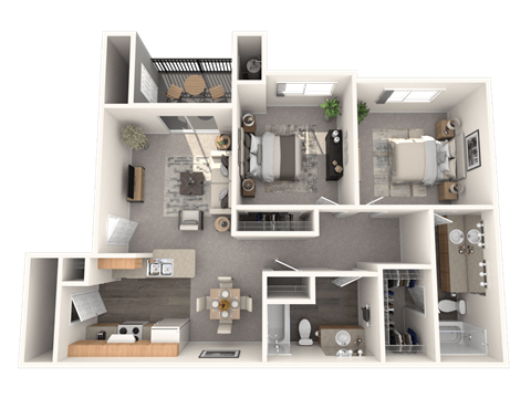 Floor plan for 2 beds, 2 baths, 1001 sqft
