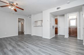 Lewisville apartment for rent - A spacious room with a ceiling fan and lighting fixture.