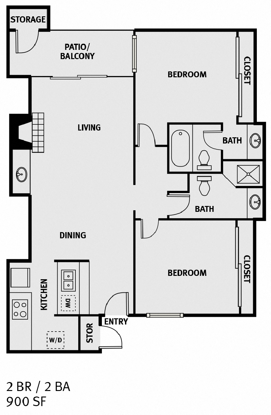 Floor plan for 2 beds, 2 baths, 900 sqft