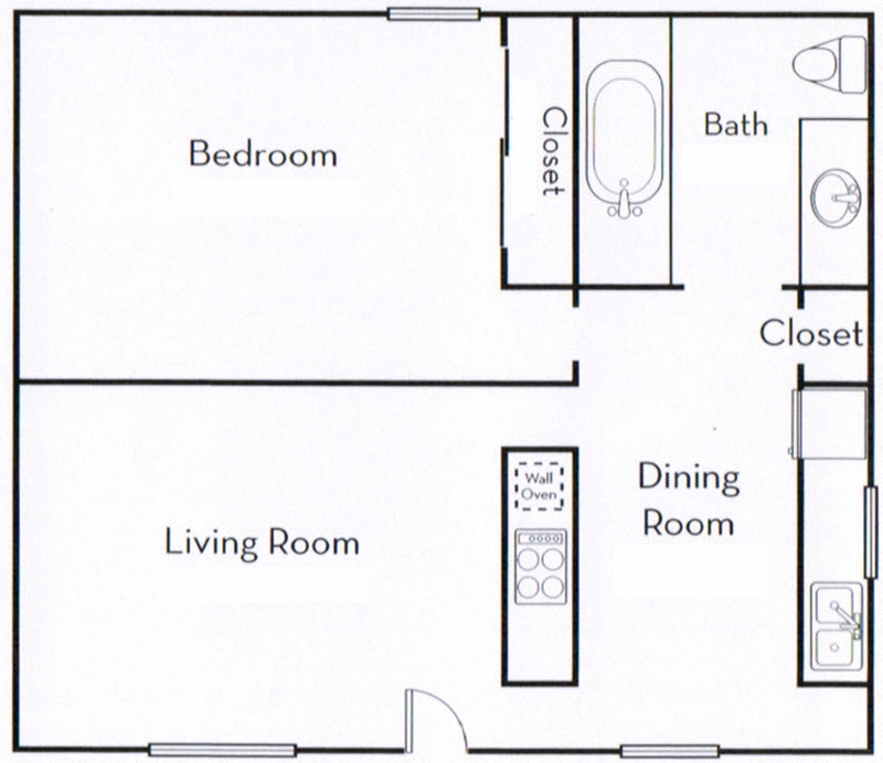 Floor plan for 1 bed, 1 bath, 625 sqft