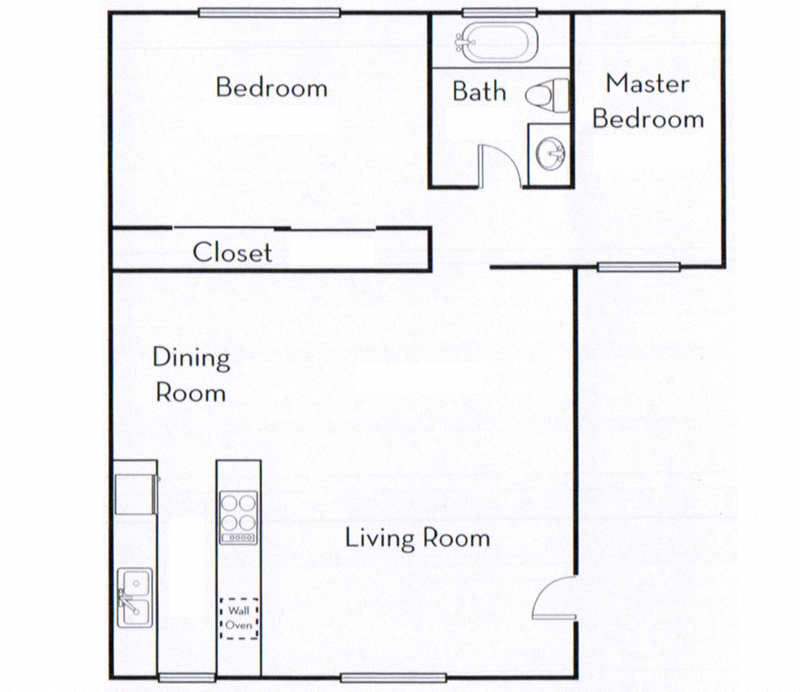 Floor plan for 2 beds, 1 bath, 750 sqft