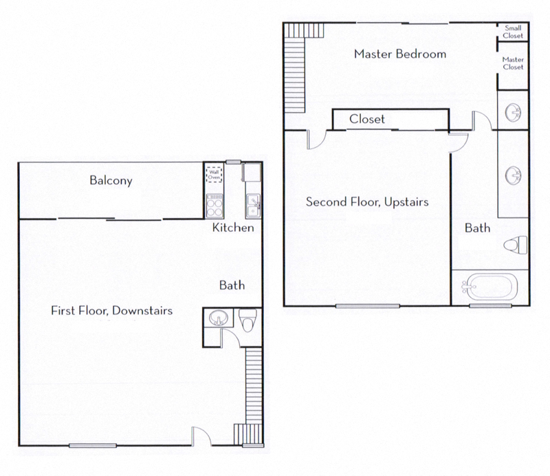 Floor plan for 2 beds, 1.5 baths, 975 sqft
