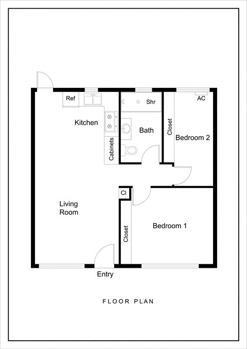 Floor plan for 2 beds, 1 bath, 600 sqft