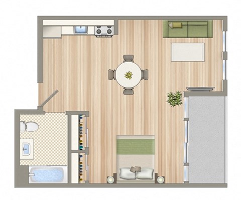 Floor plan for 1 bed, 1 bath, 642 sqft