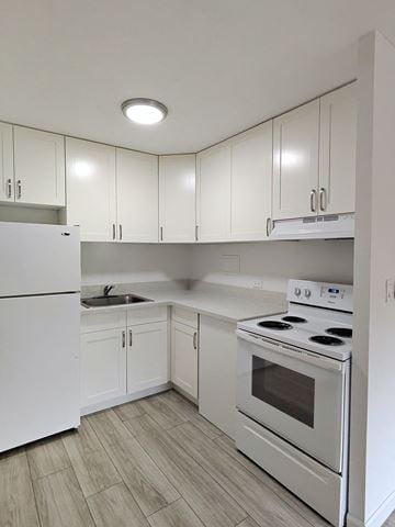 Honolulu apartment for rent - A white kitchen with a stove and sink.