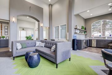 Englewood apartment for rent - A living room with a grey couch and a blue vase.
