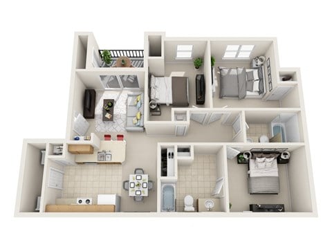 Floor plan for 3 beds, 2 baths, 1257 sqft