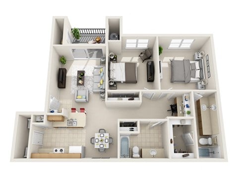 Floor plan for 2 beds, 2 baths, 1037 sqft