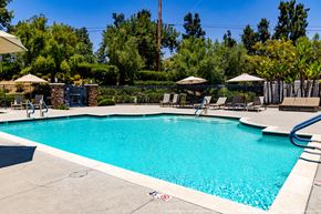 Calabasas apartment for rent - Horizons at Calabasas swimming pool surrounded by trees and lounge chairs.