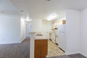 Brighton apartment for rent - A kitchen with white appliances and wooden cabinets.