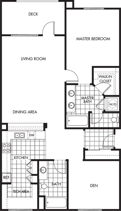 Floor plan for 1 bed, 2 baths, 1280 sqft